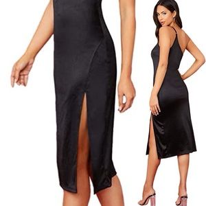 One Shoulder Sleeveless Split Hem Satin Party Cocktail Midi Dress